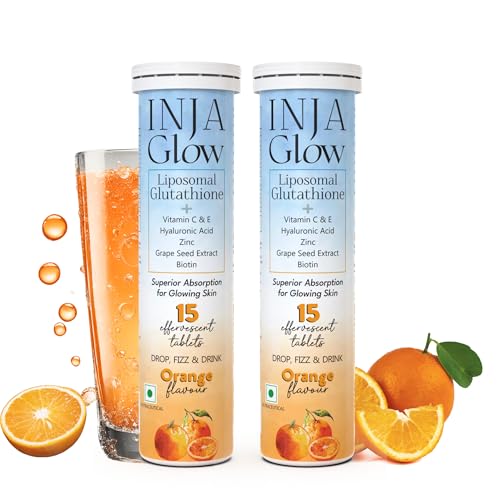 Image of INJA Glow Liposomal Glutathione with Vitamin C & E, Hyaluronic Acid, Zinc, Biotin & Grape Seed Extract, Reduces Dark Spots, Enhances Skin Glow & Collagen, Orange Flavour, 15 Tablets (Pack of 2)