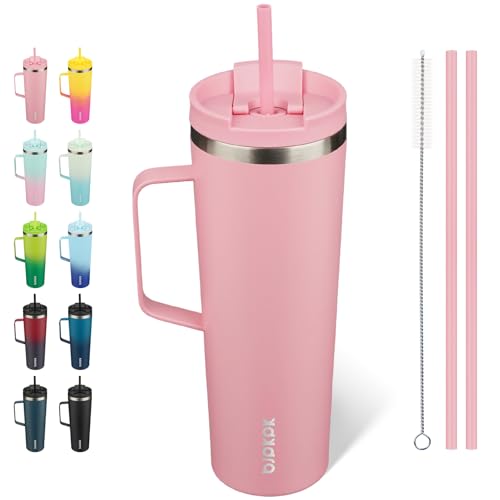 BJPKPK Insulated Tumbler with Handle, 30oz Insulated Tumblers with Lid and Straw, Stainless Steel Metal Water Bottles, Coffee Travel Mugs, Cups, Light Pink