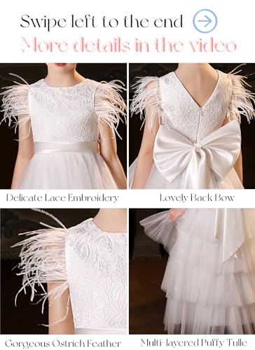 Puffy Tulle Flower Girl Dress with Bow Lace Appliques Pageant Dresses for Girls Ostrich Feather First Communion Dress2