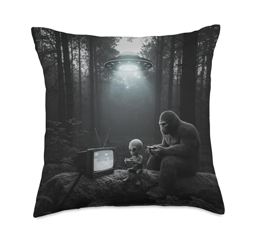 Alien and Bigfoot playing video games Throw Pillow