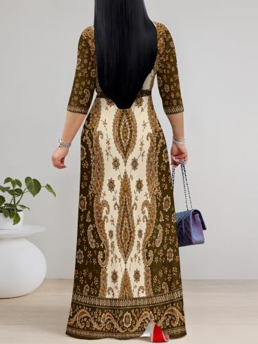 Image of Women's V Neck Floral Maxi Dress 3 /4 Sleeve Plus Size Boho Wrap Flowy Long Dresses with Belt