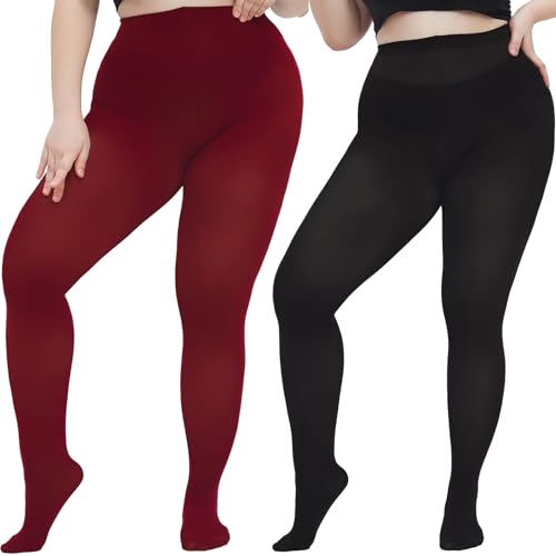 Image of Women's Plus Size Tights, High Waisted Opaque Ultra-Soft Pantyhose, Solid Color Elastic Footed Tights 1X, 2X, 3X, 4X Black + Burgundy X-Large