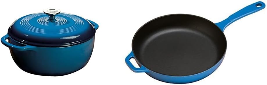 Lodge 6 Quart Enameled Cast Iron Dutch Oven with Lid and Dual Handles, Blue + Lodge Enameled Cast Iron Skillet, Caribbean Blue, 11-inch, Bundle