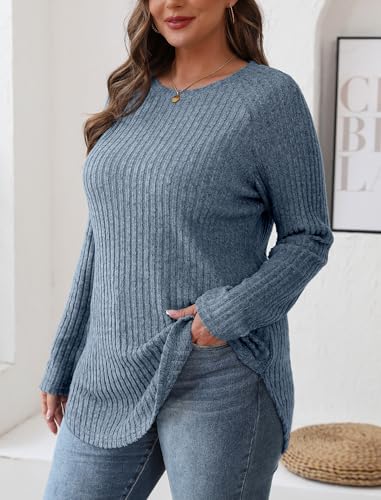 Image of Saloogoe Long Sleeve Shirts for Women 2025 Fall Clothes Tunic Tops Loose Fit Dressy Crewneck Pullover Sweaters Curved Hem