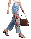 EZAPINE Straight Leg Cropped Jeans for Women Trendy Mid Rise Floral Print Boho Casual Denim Ankle Pants