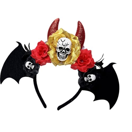 Punk Theme Skull Bat Flower Hairhoop for Halloween Costume Adjustable Hairband for Adult Children Party Gathering Props Skull Ha