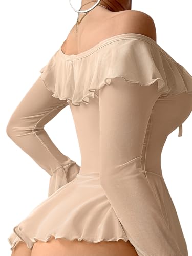 Image of Foxiny Sheer Ruffle Long Sleeve Babydoll Lingerie Dress | Off-shoulder neckline, flared cuffs and a flounce hem add movement; thong and thigh-high stockings complete the 3-piece set