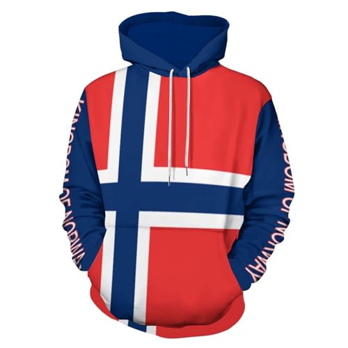 UOMSKTY Felpa Patriotica Unisex con Cappuccio e Bandiera Regno di Norvegia Stampata, Maniche Lunghe, Fit Oversize, Tessuto Leggero ed Elastico, Ideale per Uso Quotidiano e Outdoor