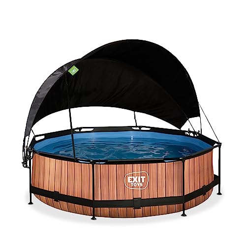 EXIT Toys Wood Pool mit Sonnensegel - ø300x76cm - Runder Rahmenpool mit Kartuschenfilterpumpe - Optimaler UV-Schutz - Leicht Zugänglich - Starker Rahmen - Einzigartiges Design - Braun