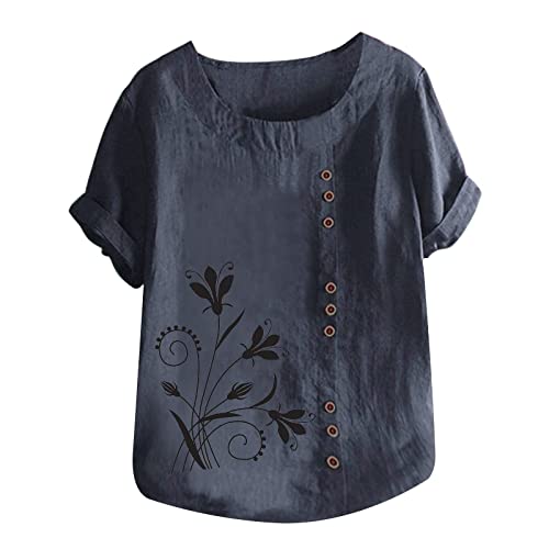 Summer Women Cotton Linen Tshirt Tops Fashion Casual Loose Fit T Shirts Short Sleeve Crew Neck Shirt Comfy Blouse My Orders Womens Tops Navy #TOP3
