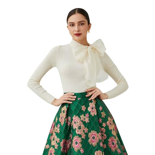 Image of CHICWISH Women Organza Bowknot Neck Knit Top Long Sleeve Elegant Slim Fitted Fall Casual Solid Pullover Tops