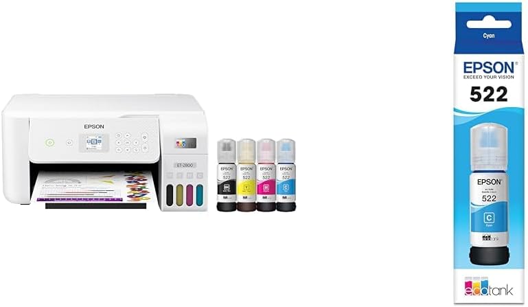 Epson EcoTank ET-2800 Wireless Color All-in-One Cartridge-Free Supertank Printer & 522 EcoTank Ink Ultra-high Capacity Bottle Cyan (T522220-S)