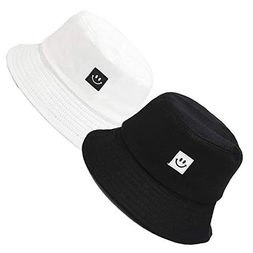 MaxNova Bucket Hats Summer Travel Beach Sun Hat Outdoor Cap Unisex 2pack (2pack White/Black Smiley face)