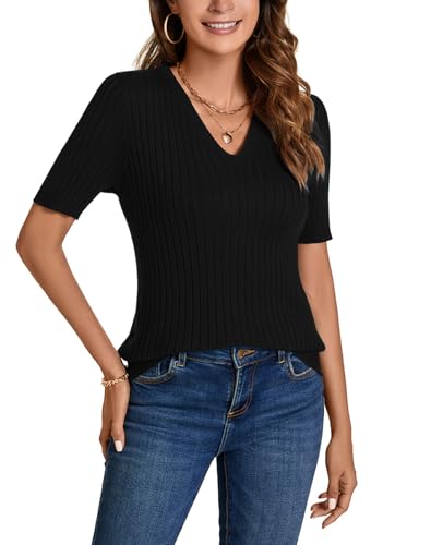 Image of Women Summer Knit Shirt Blouse V Neck Short Sleeve Pullover Sweater Tops