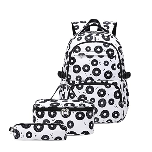YJMKOI Donut Print Backpack Set for Girls Primary School Bag Colorful girls' Book Bags with Lunch Box