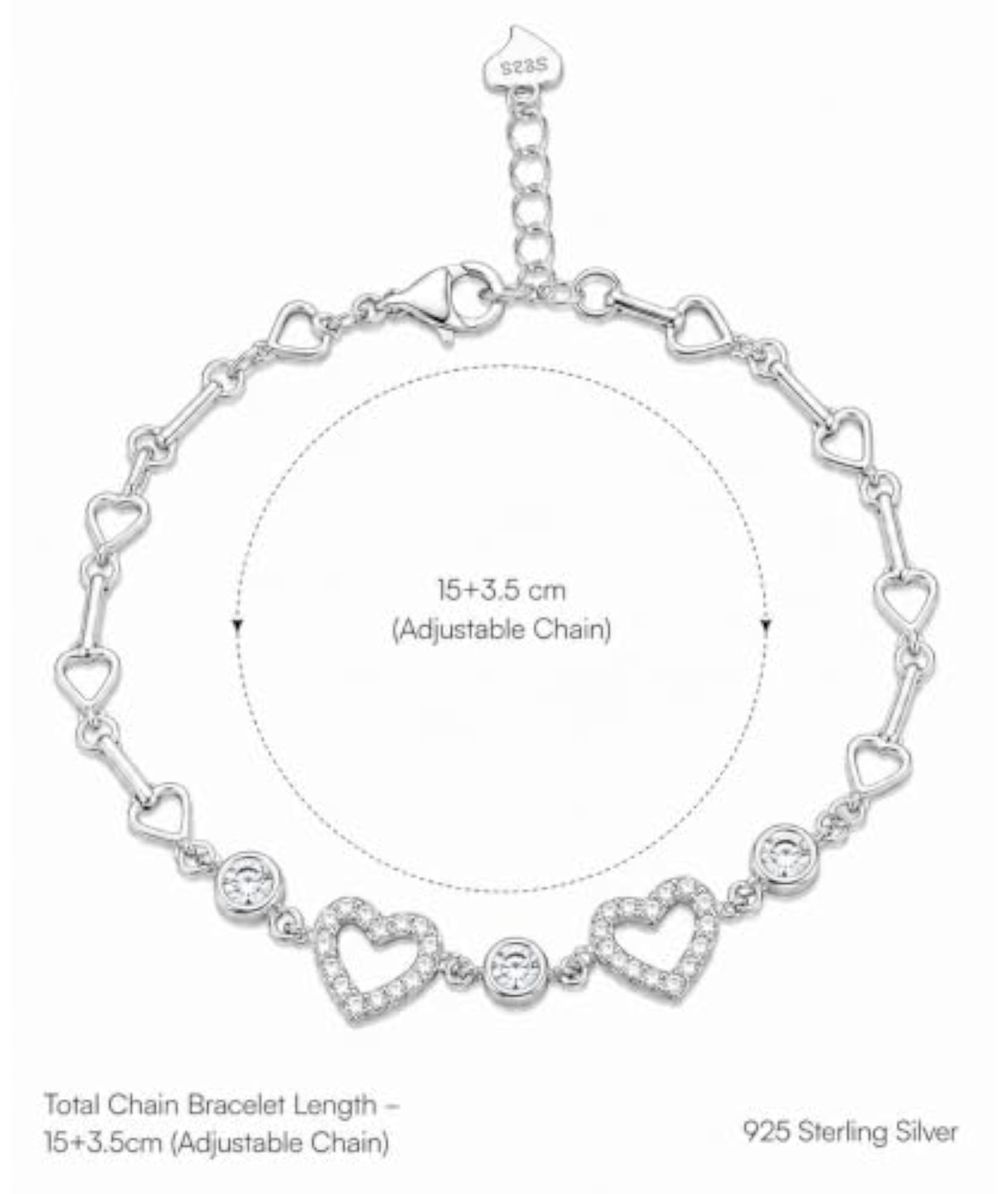 Women's 925 Sterling Silver Heart Chain Bracelet with CZ