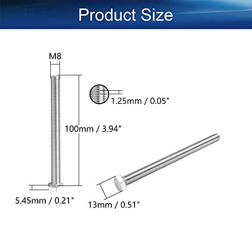 Image of Bettomshin 10Pcs M8 x 100mm Hex Bolts, 304 Stainless Steel 1.25mm Thread Pitch Fully Threaded Metric Hex Head Screw Bolts, Hexagon Screw Bolt, Hex Tap Bolts, Silver (Overall Size 105.45x13x13mm)