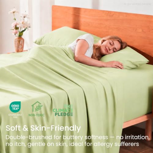 GOKOTTA 5 Pcs Split King Sheets Set for Adjustable Bed with Elastic Corner Straps, 16" Deep Pocket Sleep Number Sheets - Brushed Microfiber Polyester - Soft, Breathable, Wrinkle-Free - Light Green by GOKOTTA - Used condition - Image 5