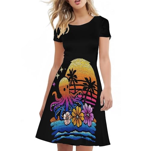 Image of Forchrinse Womens Summer Dresses Casual Hawaiian Octopus Crew Neck Midi Dress Plus Size Short Sleeve A Line Dresses Comfort Beach Sunndress Size S-4XL