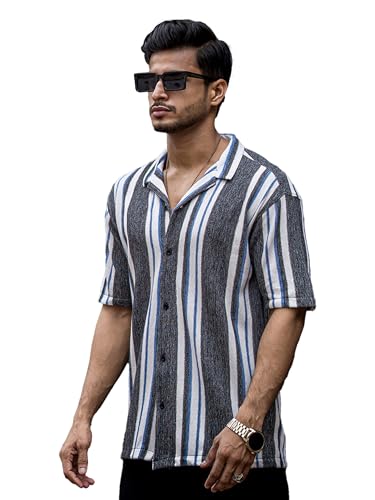 Image of Maniac Mens Striped Collar Neck Half Sleeve Jacquard Oversized Shirt