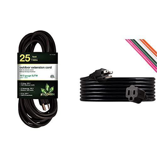 Go Green Power GG-13725BK 16/3 25' Heavy Duty Extension Cord-Black, 25ft, 25 Ft & UltraPro, Black, GE 15 ft Extension, Double Insulated Cord, Indoor/Outdoor, UL Listed, 36824, 15 ft, 15 Ft