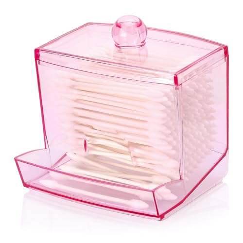 Image of Tbestmax 10oz Qtip Holder Dispenser, Big Cotton Swab Holder Bathroom Accessories Organizer for Storage - Qtips Cotton Ball, Floss Container (Pink)