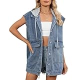 Chaleco de mezclilla de gran tamaño para mujer, sin mangas, vintage, desgastado, con capucha desmontable, chaleco de mezclilla, azul estampado, Large