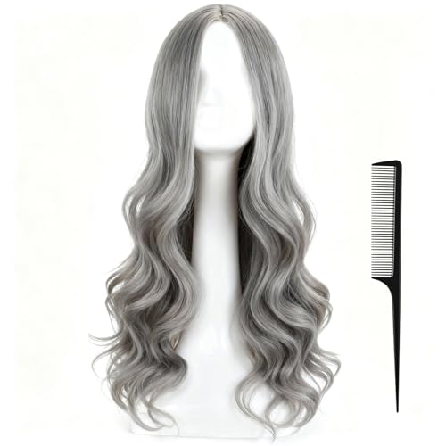 Perruque grise femme 70cm longue ondulée résistante à la chaleur Style cosplay perruque grise avec raie centrale naturelle Avec peigne queue noir 701 pour...