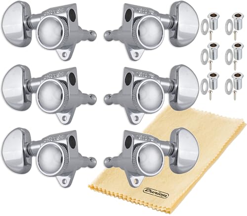 Grover 502C ROTO-GRIP Locking Rotomatics Guitar Tuners Tuning Machines Set 3+3 18:1 Chrome Tuning Keys with Tonebird Dunlop Polish Cloth Bundle Tuner Heads with Kidney Button
