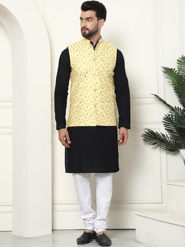 Image of SOJANYA (Since 1958 Men's Cotton Linen Maroon Kurta and White Pyjama with Mustard Cotton Nehru Jacket