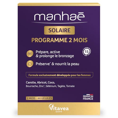 Vitavea - Manhaé - Solaire - Complément alimentaire préparateur solaire - Prépare, active et prolonge le bronzage - Préserve et nourrit la peau - 60 gélules - 2 mois - Fabriqué en France