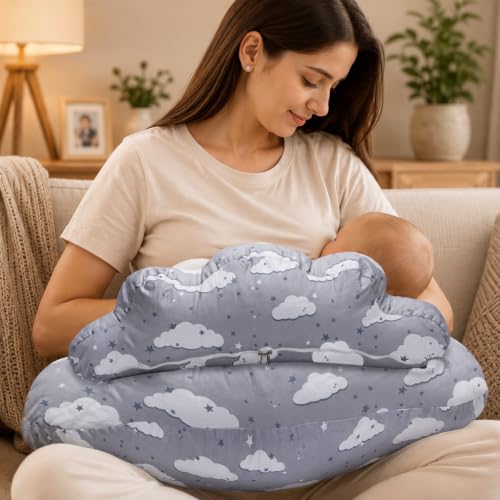 Image of Proliva Feeding Pillow for New Born Baby with Detachable Cover Breast Feeding & Maternity Nursing Pillow for Breastfeeding Support for Baby Feeding Pillow for Mom (Grey-Rain-C2)