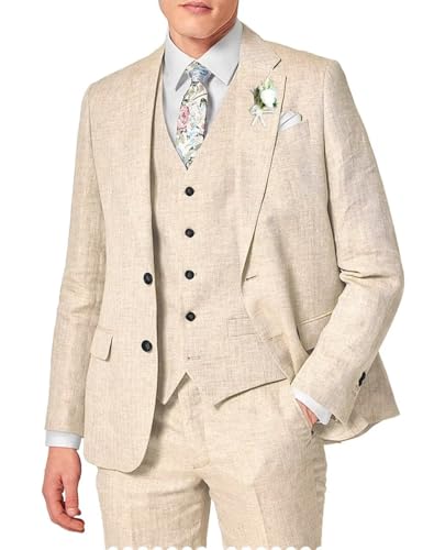 Wangyue Men's Linen Suit Slim Fit 3 Piece Suit Casual Summer Beach Wedding Groomsmen Linen Suit Set
