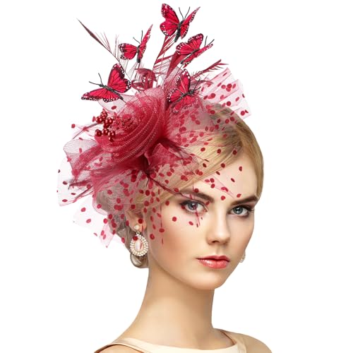 Zinniday Red Monarch Butterfly Fascinator - 1920s 50s Feather Flower Tea Party Hats for Women Tea Lady Girls Party Attire Derby Headwear, Vintage Elegant Kentucky Hat 2025 with Hair Clip