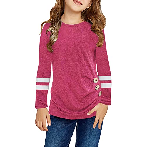 Kids Girls Long Sleeve Tops Side Button Striped Round Neck Comfy Stretchy Blouses Stylish Relaxed T Shirts for Girls