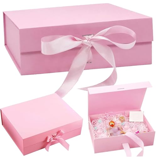 Presentask med rosett, 21 x 17 x 7 cm magnetisk presentlåda, presentlåda med lock, återanvändbar presentlåda, presentförpackning för bröllop, födelsedag, jul (rosa)