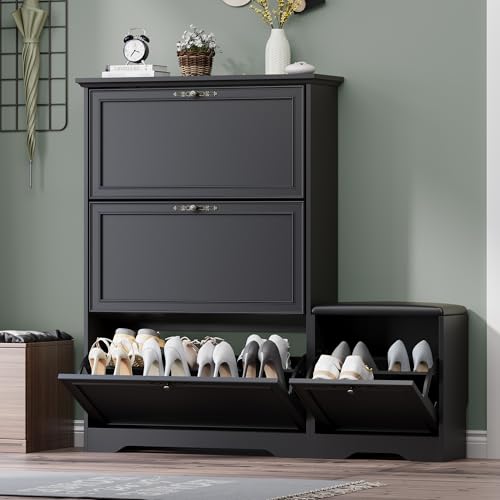 Entryway Shoe Cabinet with Bench, Hidden Storage and Adjustable Shelves, Wooden Shoe Rack and Organizer for Hallway, Mudroom, Closet, Small Apartment