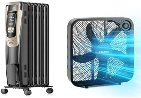 PELONIS Bundle: Champagne Oil-Filled Radiator Heater with Remote, Thermostat, 5 Temperature Settings, Safety Features for Large Rooms + 20-Inch Box Fan with 3 Adjustable Speeds, Powerful 4-Blade Airfl