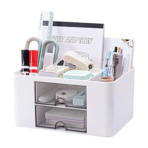 Image of Desk Organizer with 2 Drawers | Multi-Functional Stationery Holder for Office, Study Table, Home | 5 Compartment Pen, Pencil, Marker Storage Box for School & Art Supplies (White)
