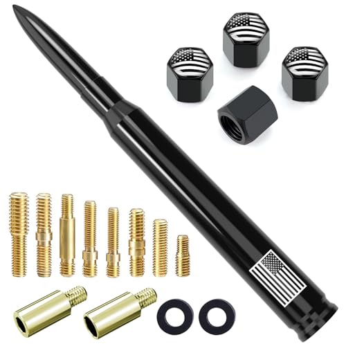 Image of Car Truck Bullet Antenna with Tire Valve Caps American Flag Universal Short Replacement for GMC Sierra Chevy Silverado Dodge Ram 1500 2500 3500 Ford F150 F250 F350 Super Duty Raptor Accessories, Black