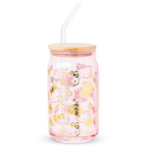 Silver Buffalo Sanrio Hello Kitty Gingerbread Cookies Christmas Holiday Pink and Gold Foil Glass Jar Tumbler with Bamboo Lid and Glass Straw, 16 Ounces
