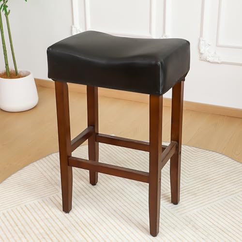 Image of 4 PCS Waterproof Rectangular Bar Stool Covers 14x18X4 Faux Leather Stretch Rectangle Saddle Stool Covers Heavy-Duty for Kitchen Counter & Lab Washable-Black