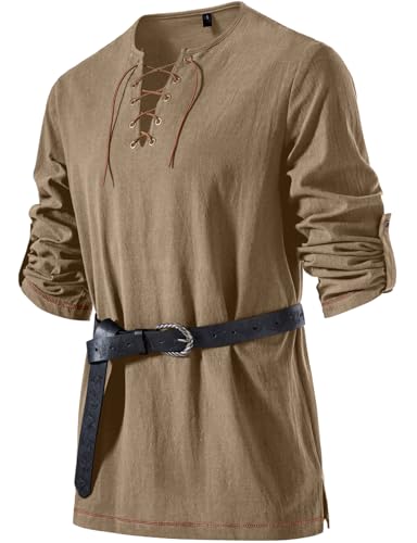 Image of JEMITOP Men's Pure Cotton Vintage Lace Up Shirts for Pirate Renaissance Viking Medieval Costume Without Belt