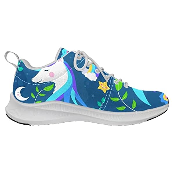 Eenhoorn omringd door bloemen, maan en sterren, gepersonaliseerde sneakers, lichtgewicht wandelschoenen, atletische casual sneakers