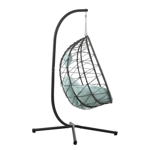 PE Wicker Egg Chair with Stand, Indoor Outdoor Swing Chair, Hanging Patio Swings Chairs for Bedroom, Living Room, Balcony, Includes Cushion & Durable Metal Frame, Turquoise