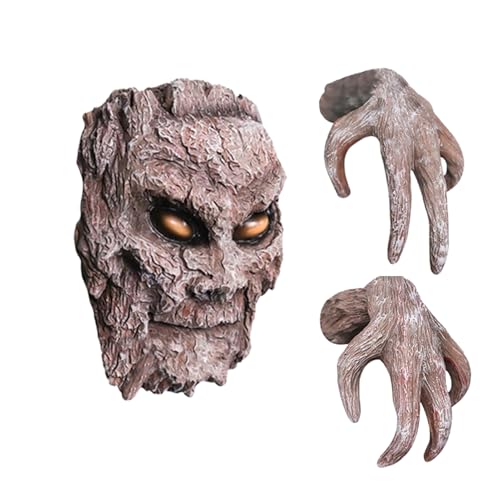 Corteccia d'albero da parete – scultura del viso di demoni, decorazione di corteccia d'albero, design spooky, decorazione per esterni, realizzata a mano, per Halloween, decorazione da giardino