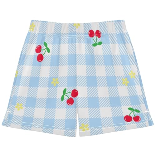 pnyoin Girl's Shorts Cute Cherry Blue Plaid Athletic Running Shorts with Pockets Size 10-11t
