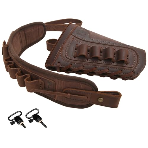 Leather Canvas Buttstock Shell Holder with Rifle Shoulder Strap .308 .45-70 .30-30 .22LR 12GA (Coffee, with Swivels, 12 Gauge)