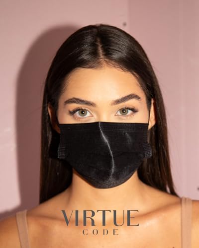 Image of VIRTUE CODE Support Face Masks - Soft 3 Ply Comfort Face Masks, Colorful Disposable Face Mask 50 Pack. Black Colored Masks. Adults Mens and Womens Disposable Face Masks