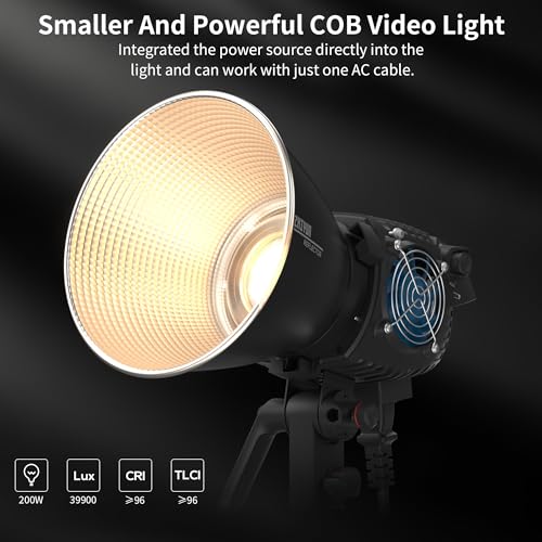 ZHIYUN MOLUS B200 200W COB LED Video Light 2700K-6500K CRI 96+ TLCI 96+ 39990 Lux/1M App Control 13 Scene Effects Bowens Mount Silent Continuous Output Lighting for Photography Studio Film Light